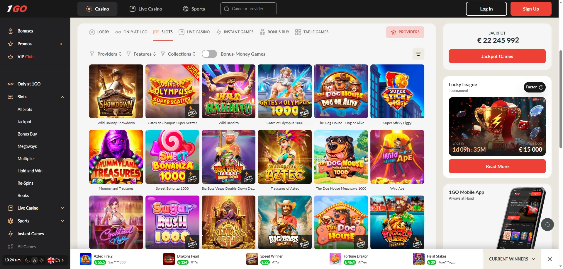 1GO Casino mobile slots and game lobby on smartphone screen