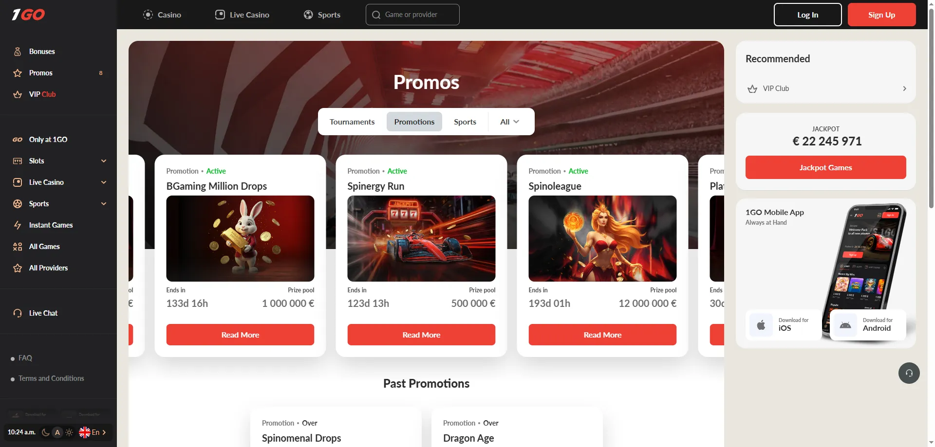 1GO Casino bonus offers — welcome package, free spins and cashback