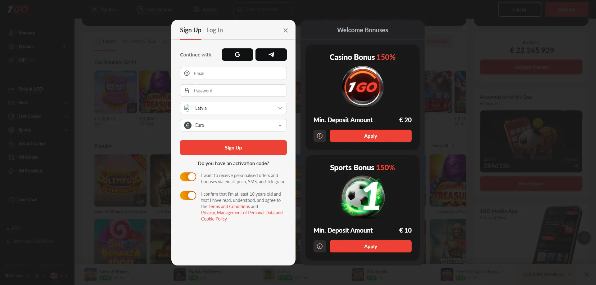 Step-by-step 1GO Casino registration with promo code TIPSGG
