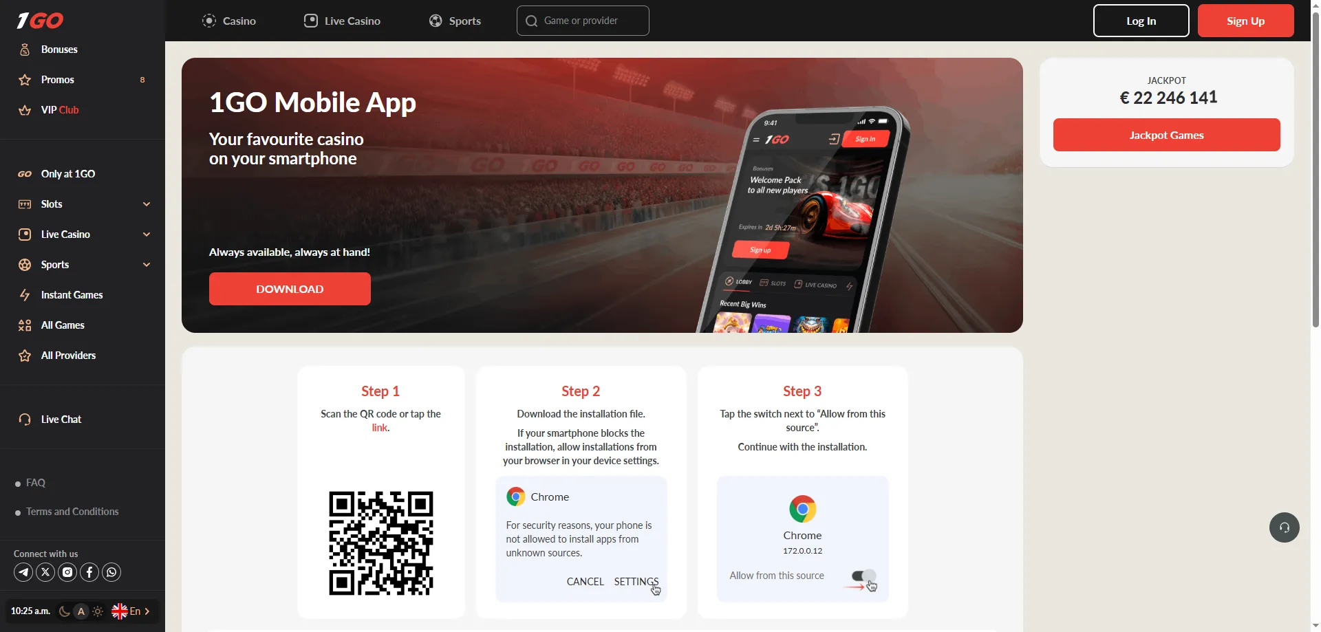 1GO Casino mobile app login — play on Android and iOS devices