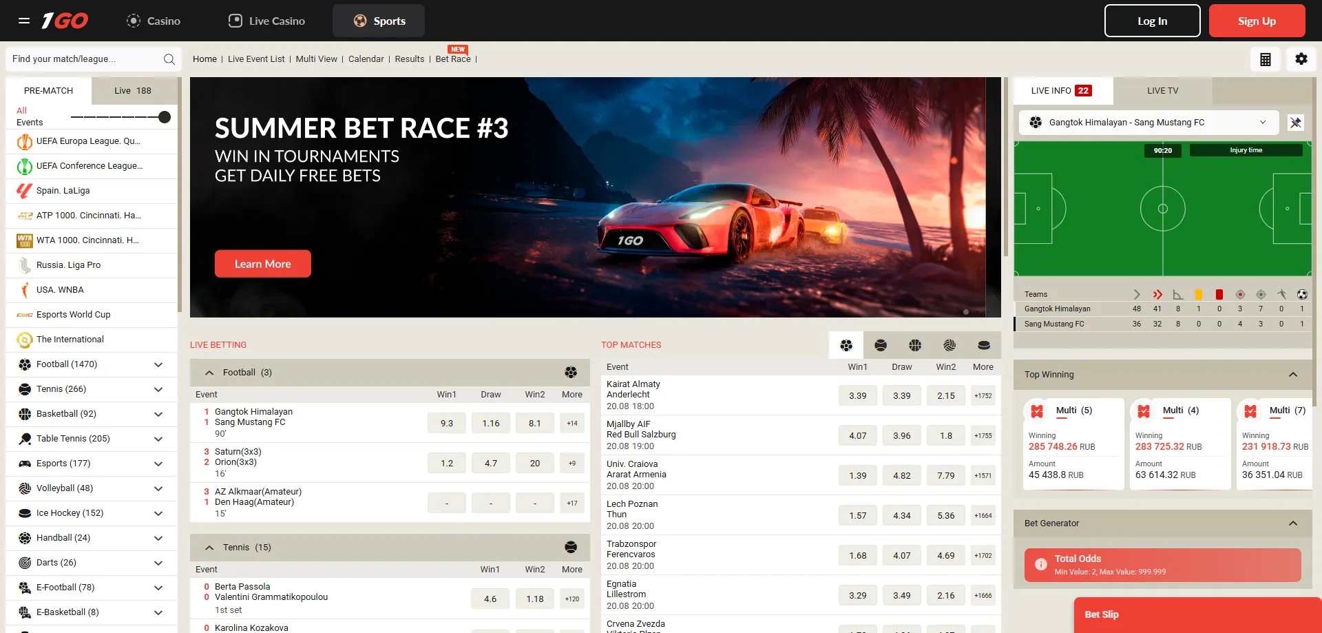 1GO Casino sportsbook — live betting on football, basketball, and esports