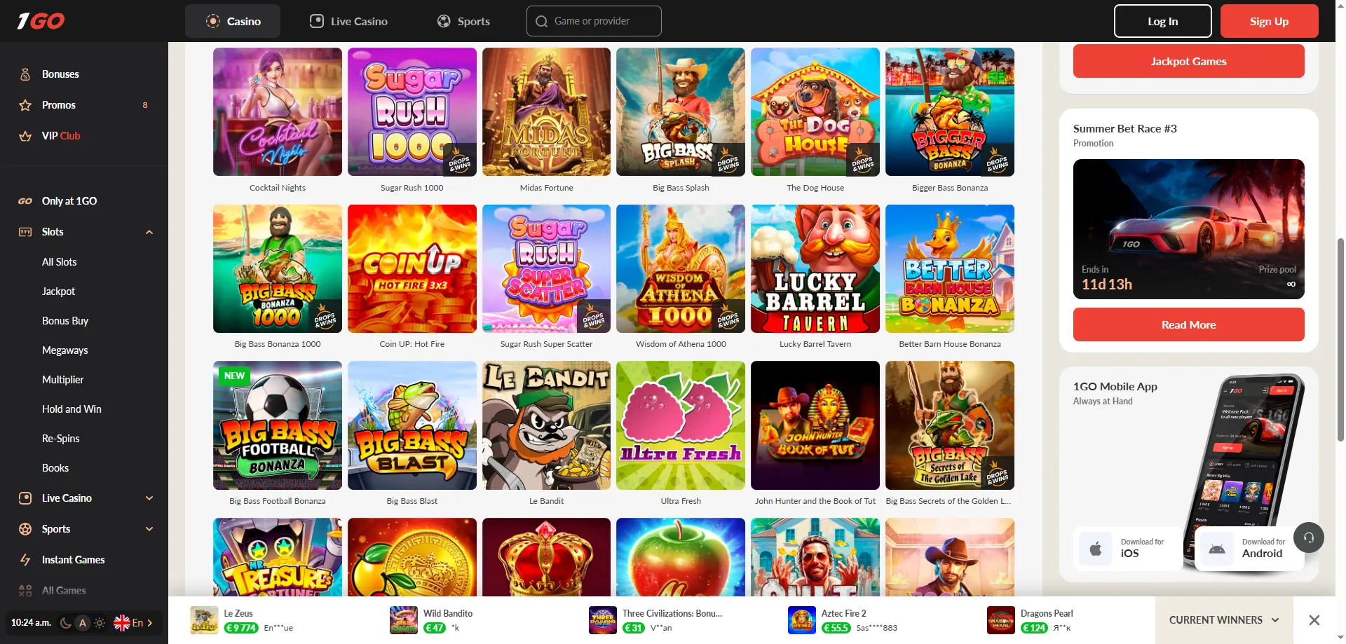 1GO Casino welcome promotion types — slots, sports and free spins